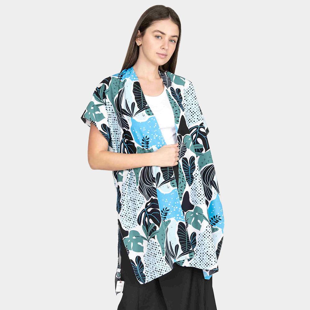 Blue Tropical Leaf Patterned Cover Up Kimono Poncho