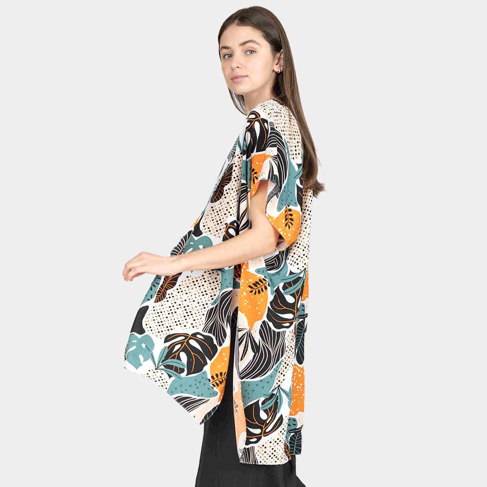 Orange Tropical Leaf Patterned Cover Up Kimono Poncho