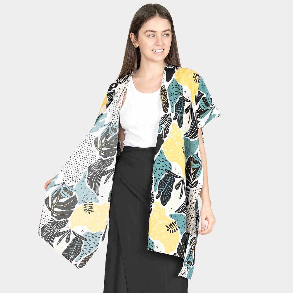 Yellow Tropical Leaf Patterned Cover Up Kimono Poncho - Jewelry Store by Erik Rayo