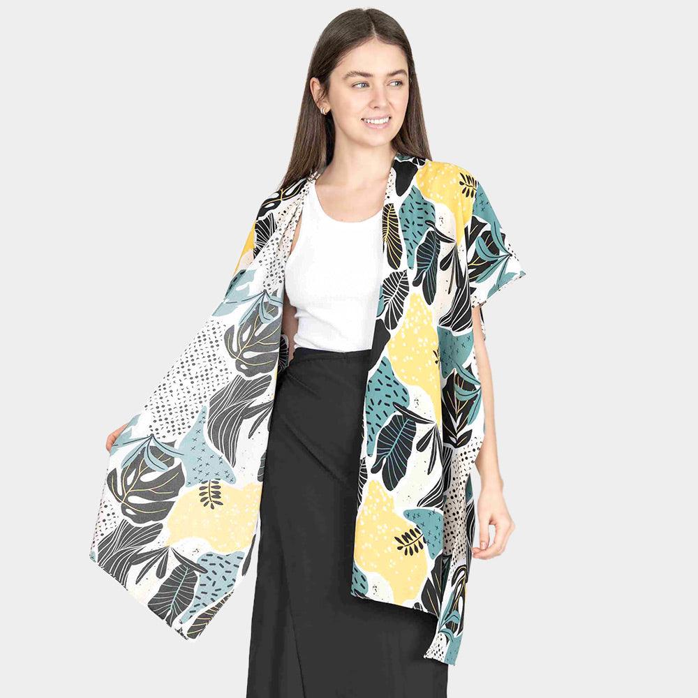 Yellow Tropical Leaf Patterned Cover Up Kimono Poncho