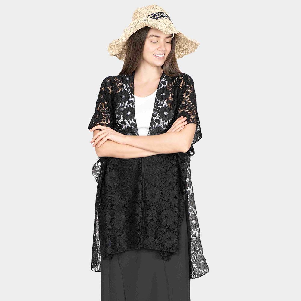 Black Flower Leaf Patterned Lace Cover Up Kimono Poncho