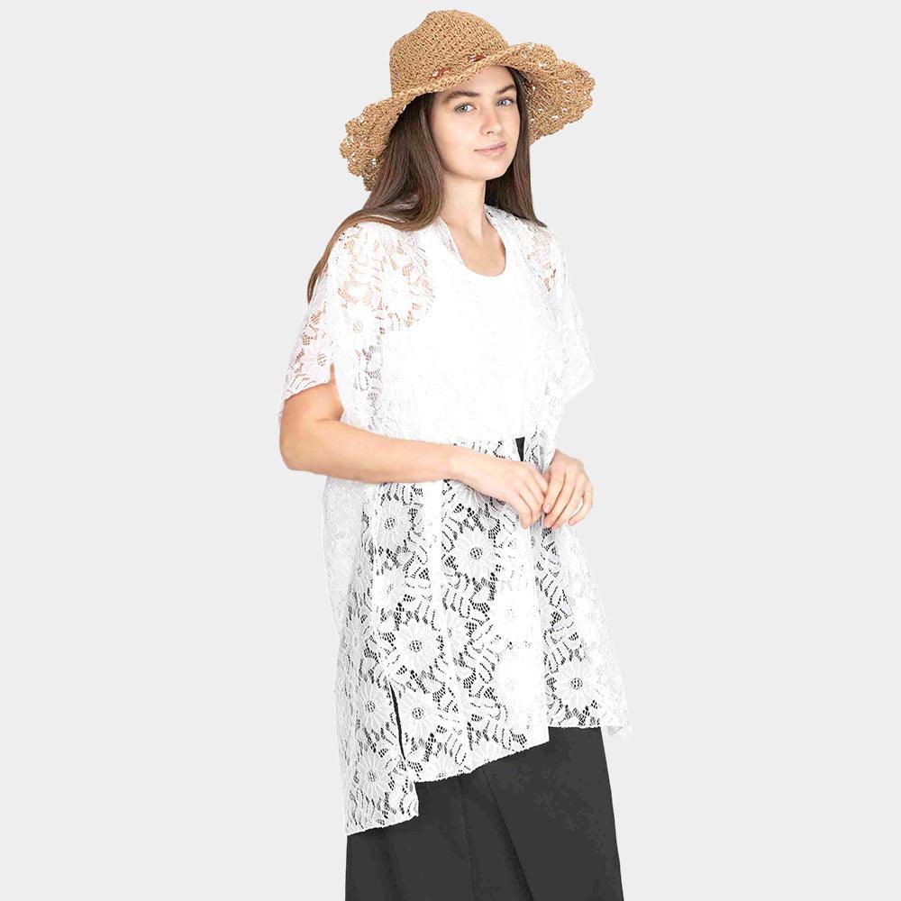 White Flower Leaf Patterned Lace Cover Up Kimono Poncho