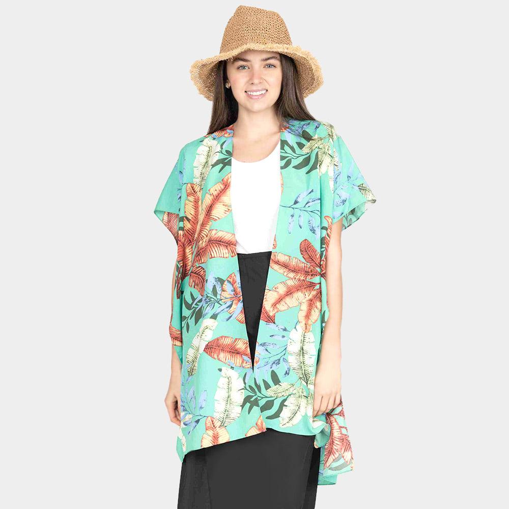 Mint Tropical Leaf Patterned Lace Cover Up Kimono Poncho