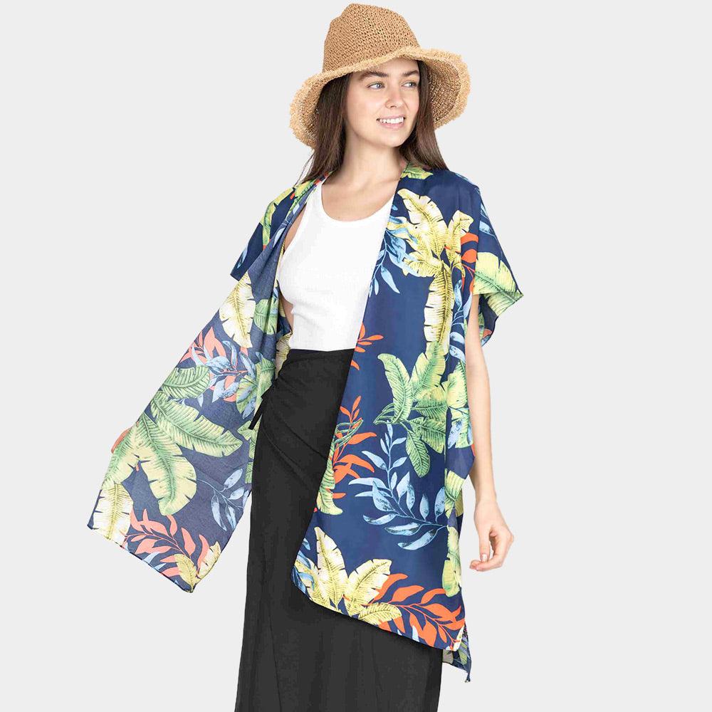 Navy Tropical Leaf Patterned Lace Cover Up Kimono Poncho