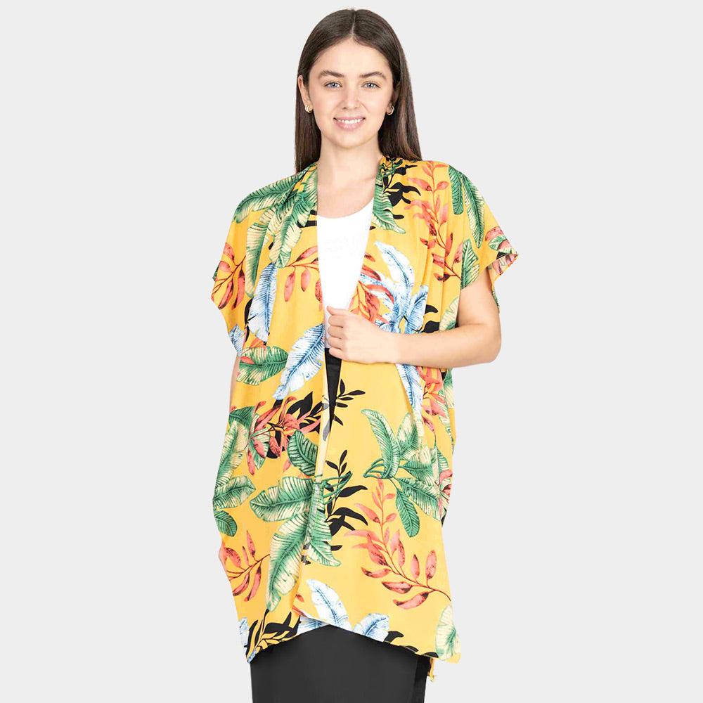 Yellow Tropical Leaf Patterned Lace Cover Up Kimono Poncho