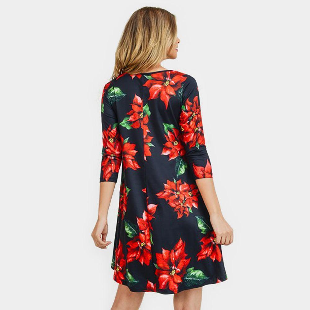 Black Christmas Poinsettia Flower Patterned A-Line Dress - Jewelry Store by Erik Rayo