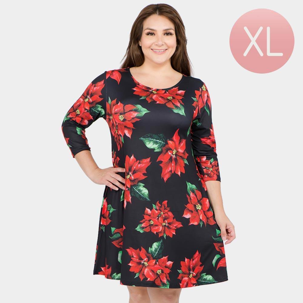 Black Christmas Poinsettia Flower Patterned A-Line Dress - Jewelry Store by Erik Rayo