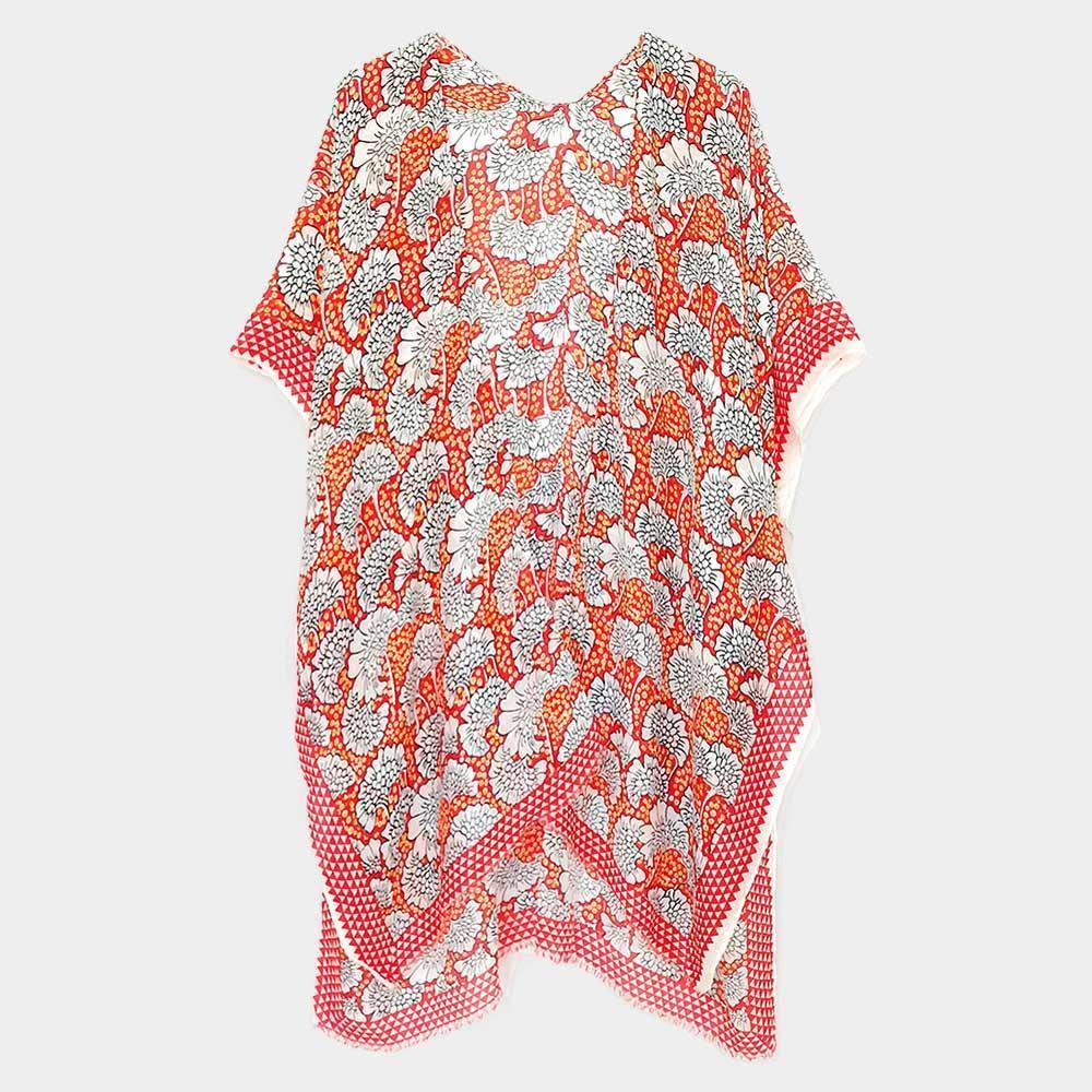 Red Flower Printed Cover Up Kimono Poncho - Jewelry Store by Erik Rayo