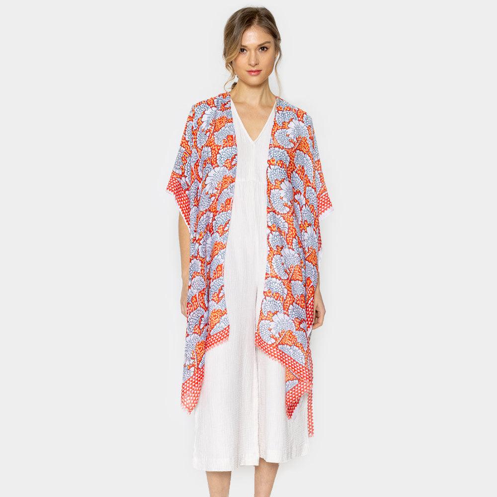 Red Flower Printed Cover Up Kimono Poncho