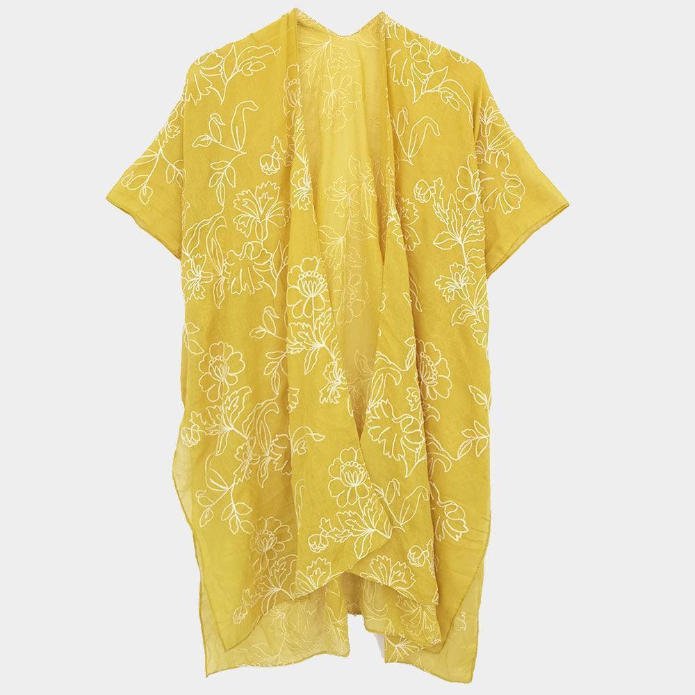 Yellow Embroidered Floral Cover Up Kimono Poncho - Jewelry Store by Erik Rayo