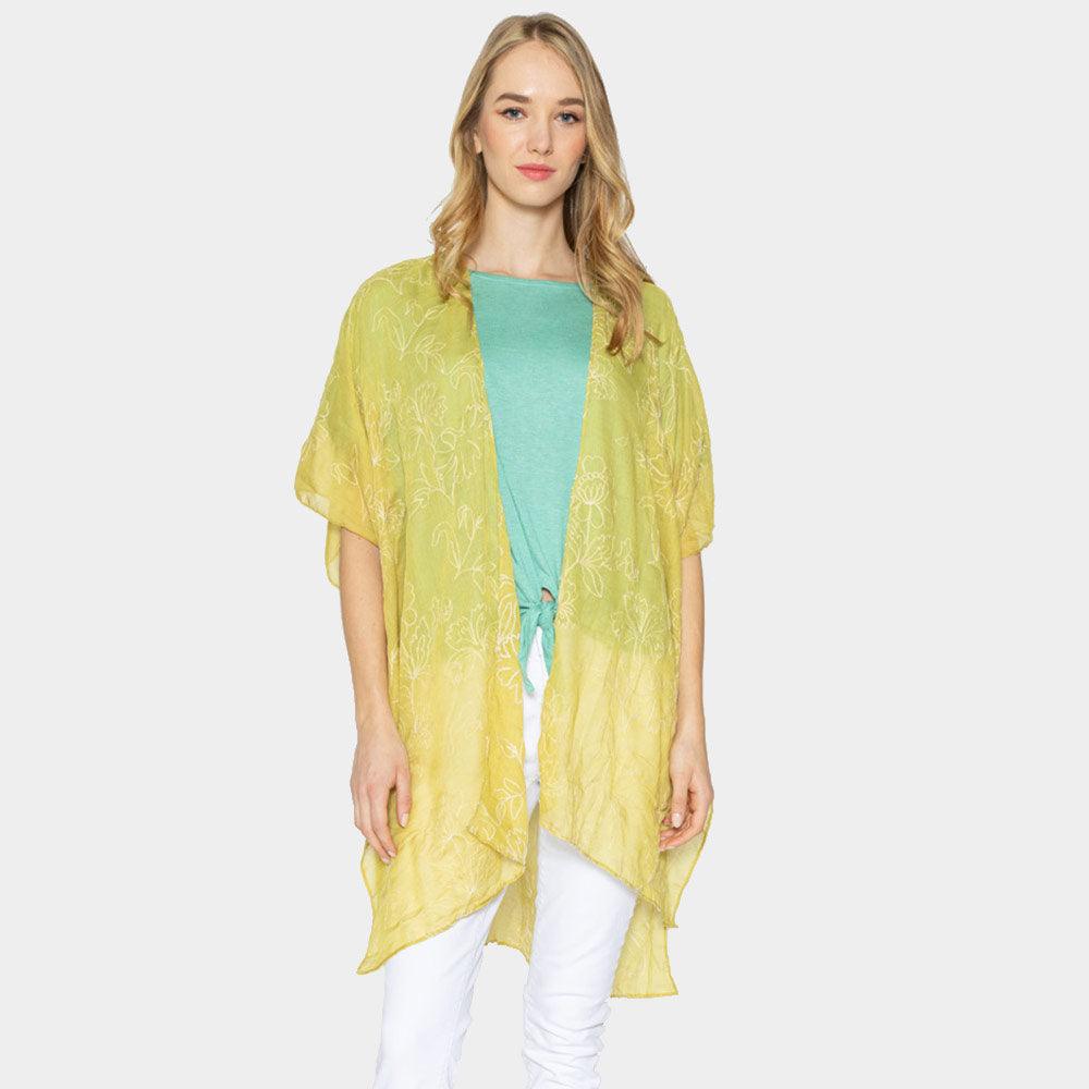 Yellow Embroidered Floral Cover Up Kimono Poncho