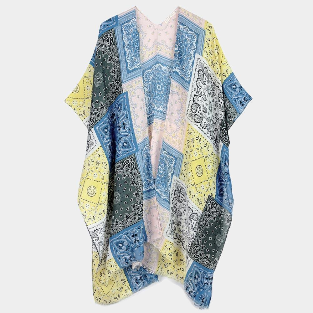 Blue Paisley Bandana Patterned Cover Up Kimono Poncho - Jewelry Store by Erik Rayo