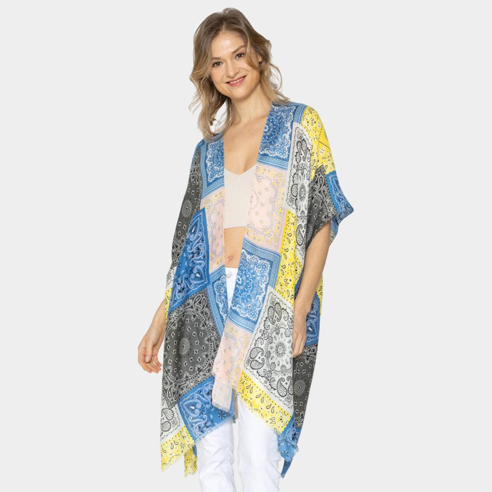 Blue Paisley Bandana Patterned Cover Up Kimono Poncho