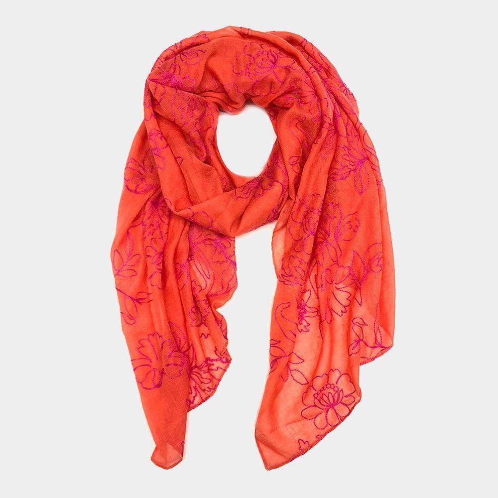 Fuchsia Embroidered Flower Patterned Oblong Scarf - Jewelry Store by Erik Rayo