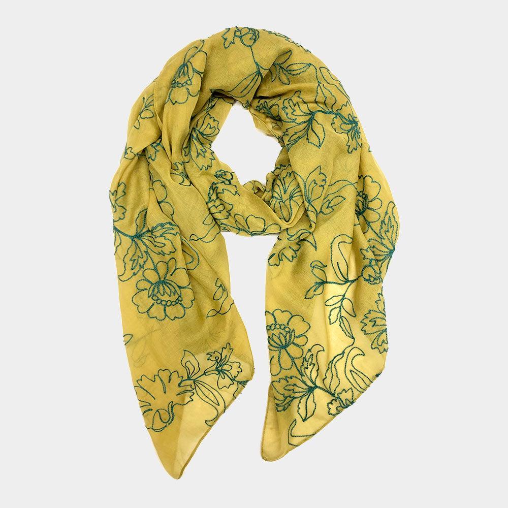 Mustard Embroidered Flower Patterned Oblong Scarf