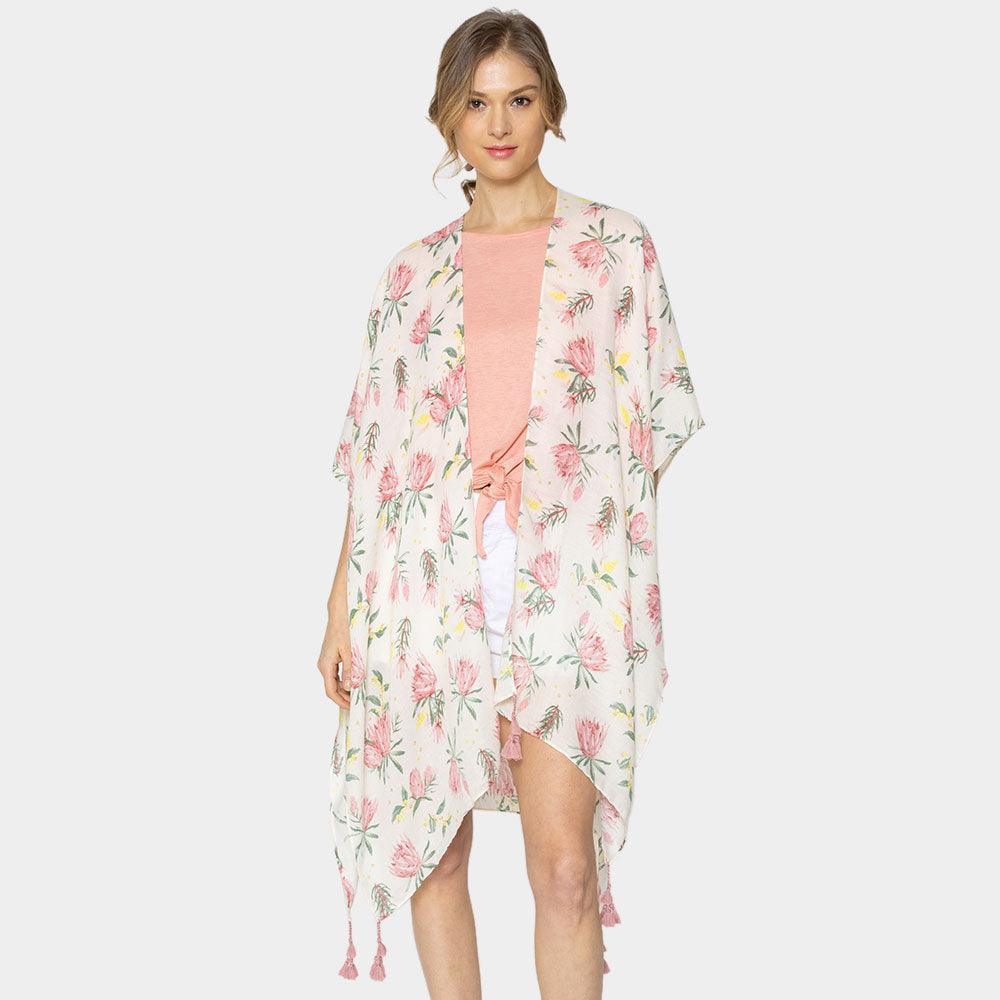 Pink Flower Printed Cover Up Kimono Poncho - Jewelry Store by Erik Rayo