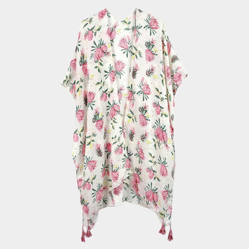 Pink Flower Printed Cover Up Kimono Poncho - Jewelry Store by Erik Rayo