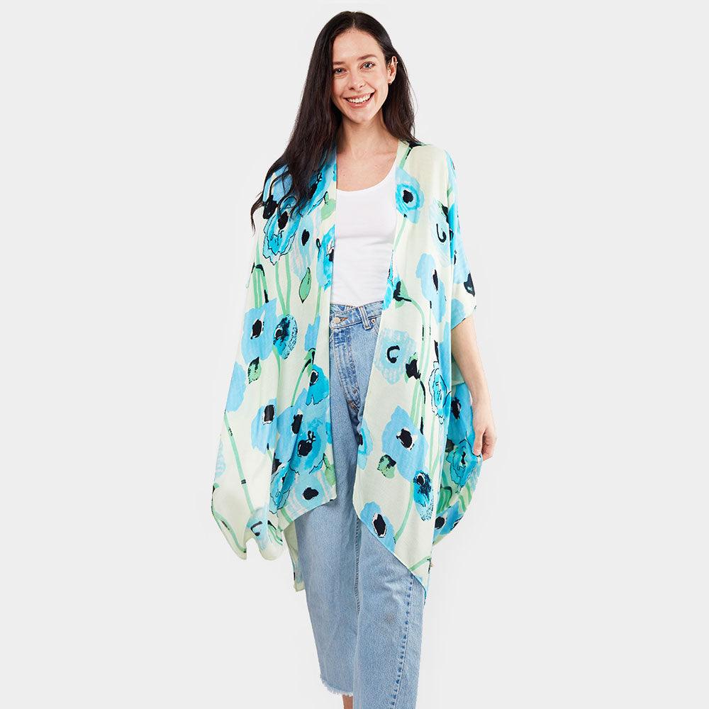 Blue Flower Print Kimono Poncho