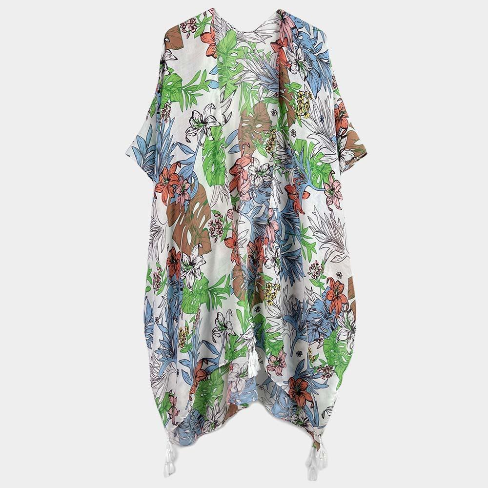 White Tropical Leaf Flower Printed Cover Up Kimono Poncho - Jewelry Store by Erik Rayo
