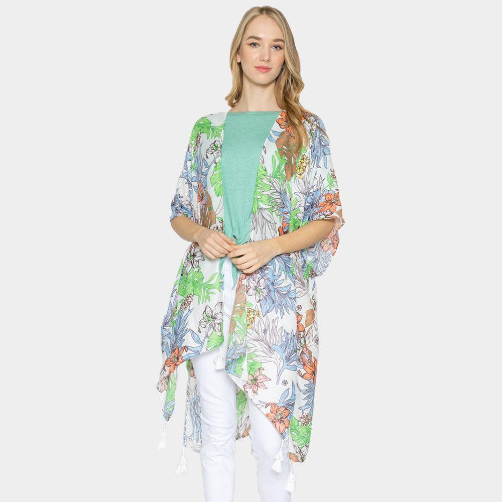 White Tropical Leaf Flower Printed Cover Up Kimono Poncho - Jewelry Store by Erik Rayo
