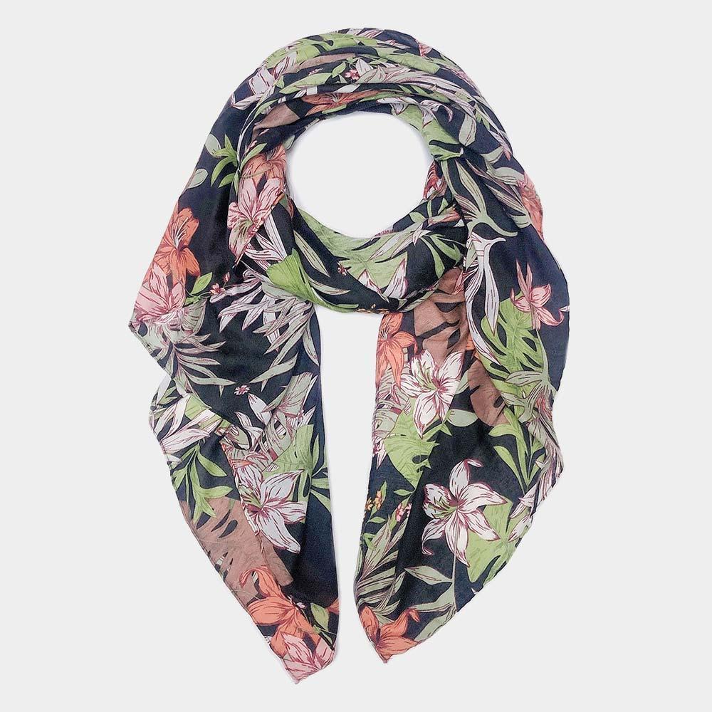 Black Tropical Leaf Flower Printed Oblong Scarf - Jewelry Store by Erik Rayo