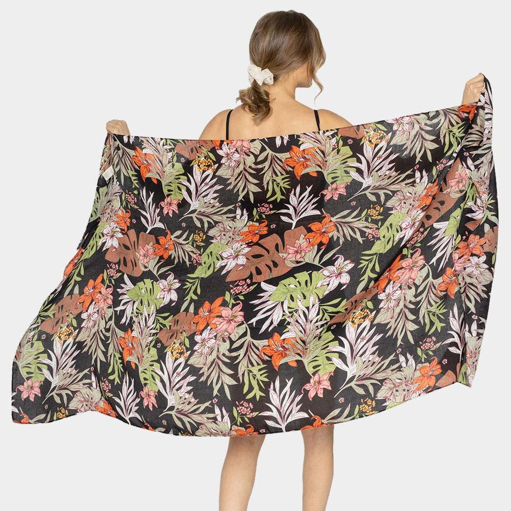 Black Tropical Leaf Flower Printed Oblong Scarf