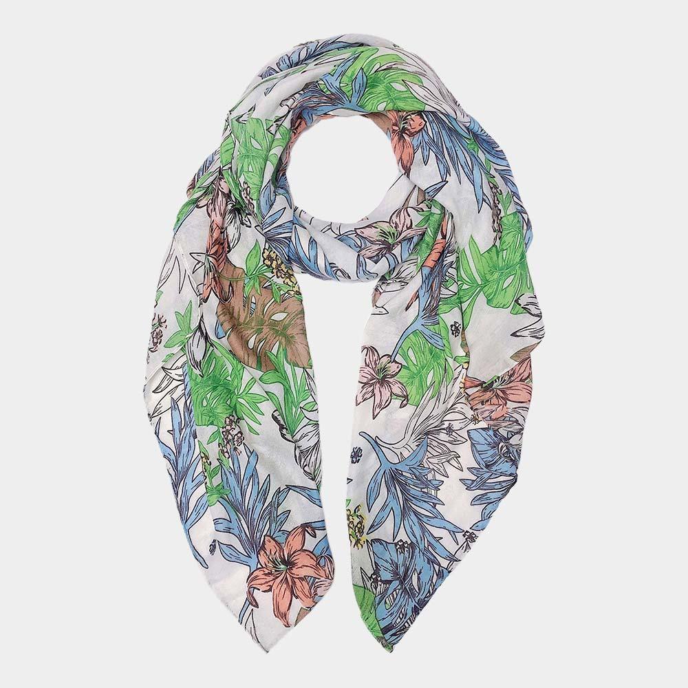 White Tropical Leaf Flower Printed Oblong Scarf - Jewelry Store by Erik Rayo