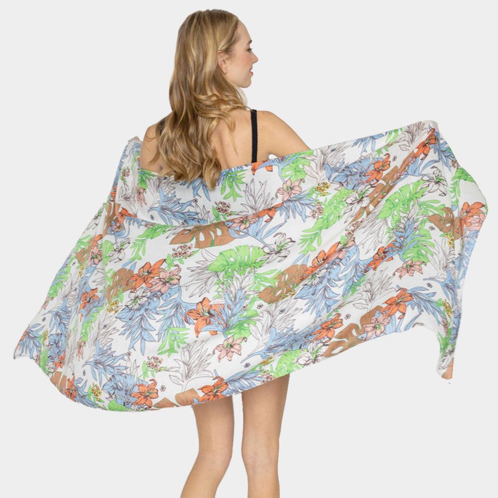 White Tropical Leaf Flower Printed Oblong Scarf - Jewelry Store by Erik Rayo