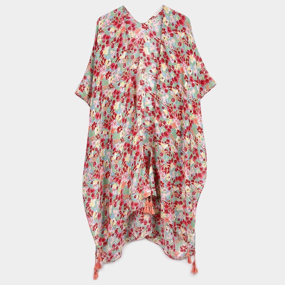 Red Flower Patterned Cover Up Kimono Poncho - Jewelry Store by Erik Rayo
