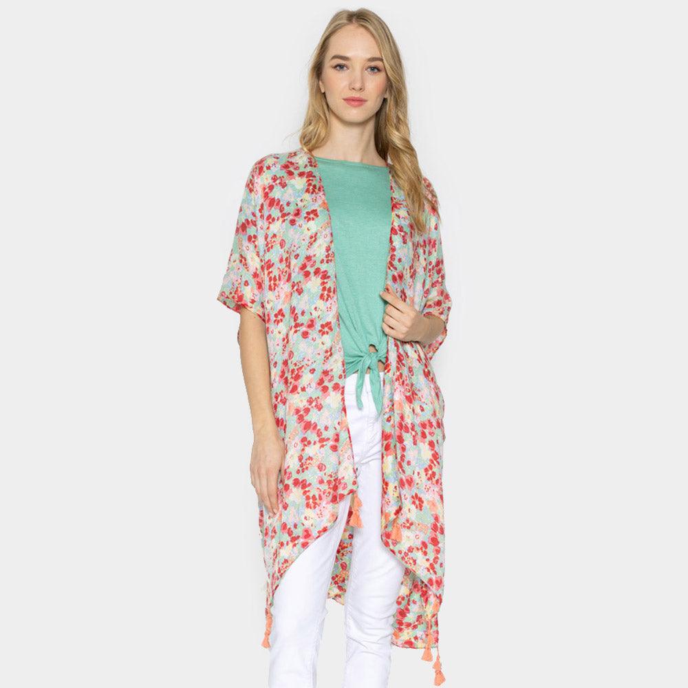 Red Flower Patterned Cover Up Kimono Poncho