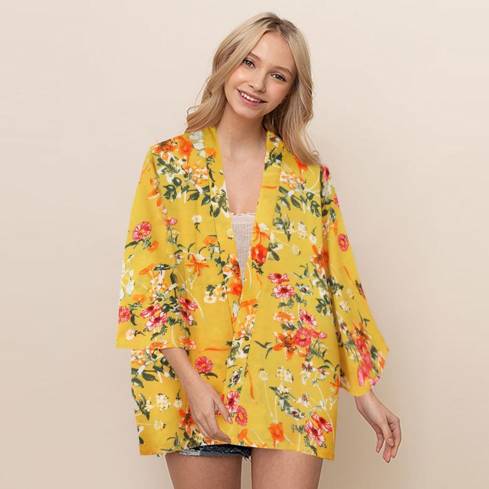 Mustard Floral Cover Up Kimono Poncho - Jewelry Store by Erik Rayo