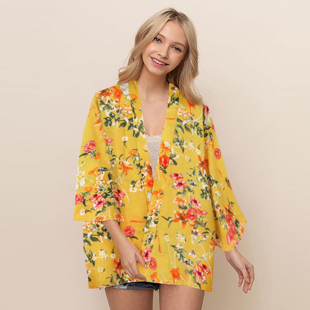 Mustard Floral Cover Up Kimono Poncho