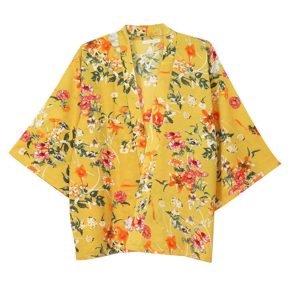 Mustard Floral Cover Up Kimono Poncho - Jewelry Store by Erik Rayo