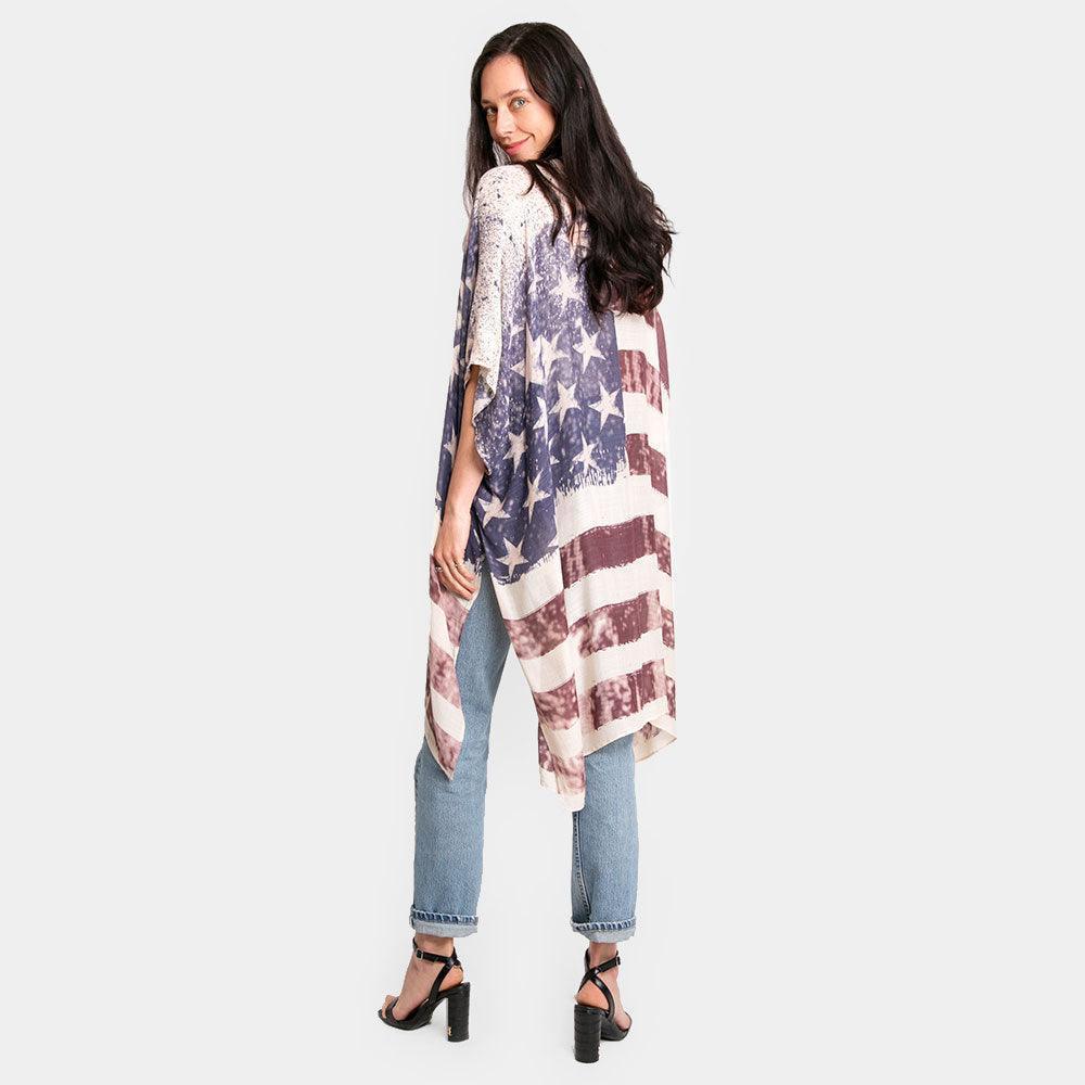 American USA Flag Print Cover Up Kimono Poncho - Jewelry Store by Erik Rayo