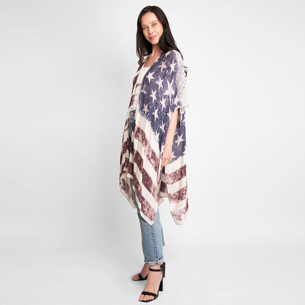 American USA Flag Print Cover Up Kimono Poncho - Jewelry Store by Erik Rayo