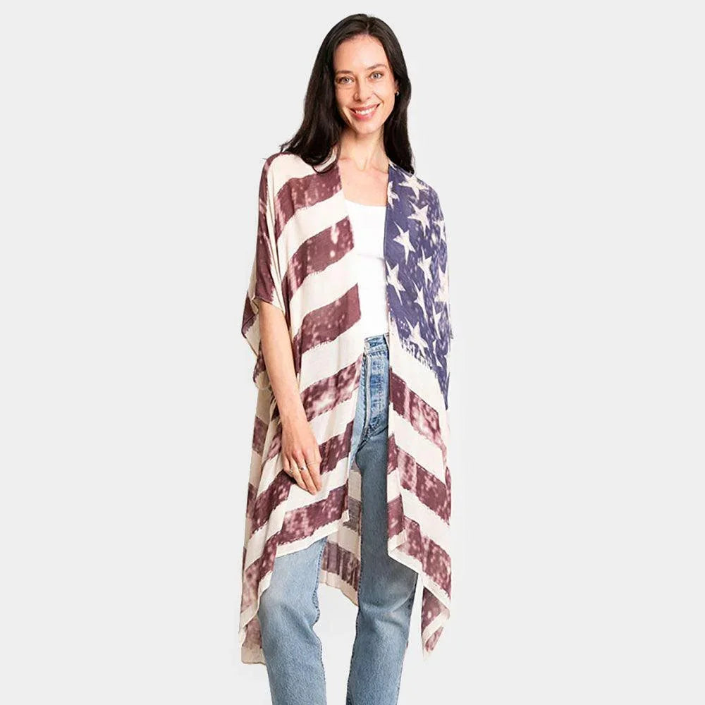 American USA Flag Print Cover Up Kimono Poncho - Jewelry Store by Erik Rayo