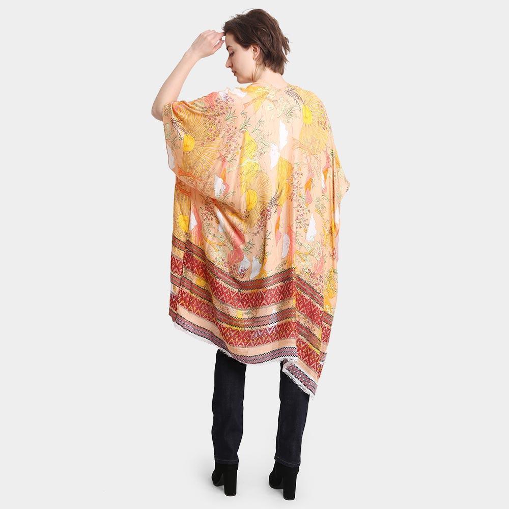Orange Leaf Patterned Cover Up Kimono Poncho - Jewelry Store by Erik Rayo