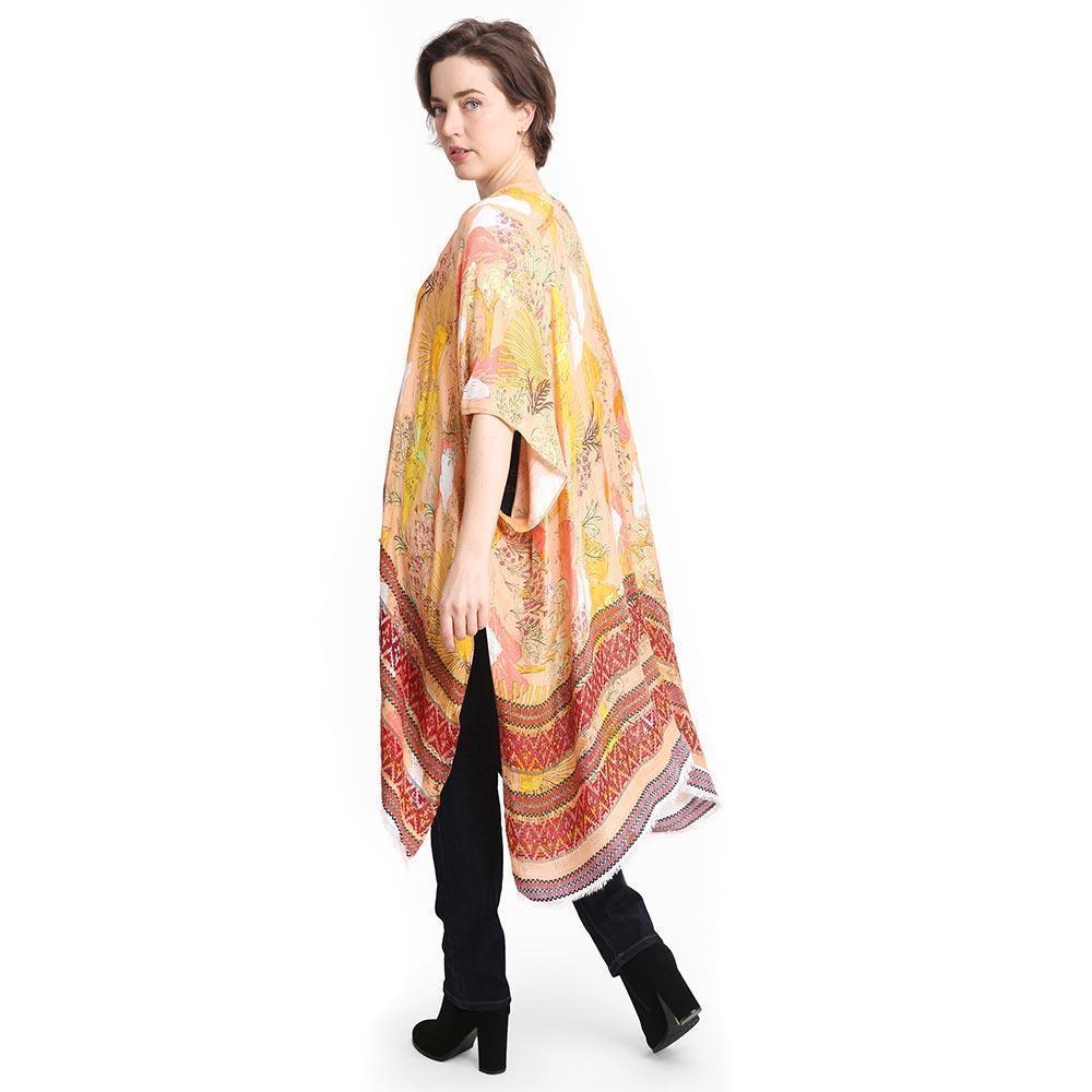 Orange Leaf Patterned Cover Up Kimono Poncho - Jewelry Store by Erik Rayo