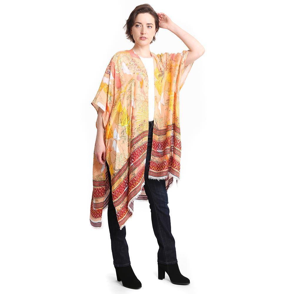 Orange Leaf Patterned Cover Up Kimono Poncho - Jewelry Store by Erik Rayo