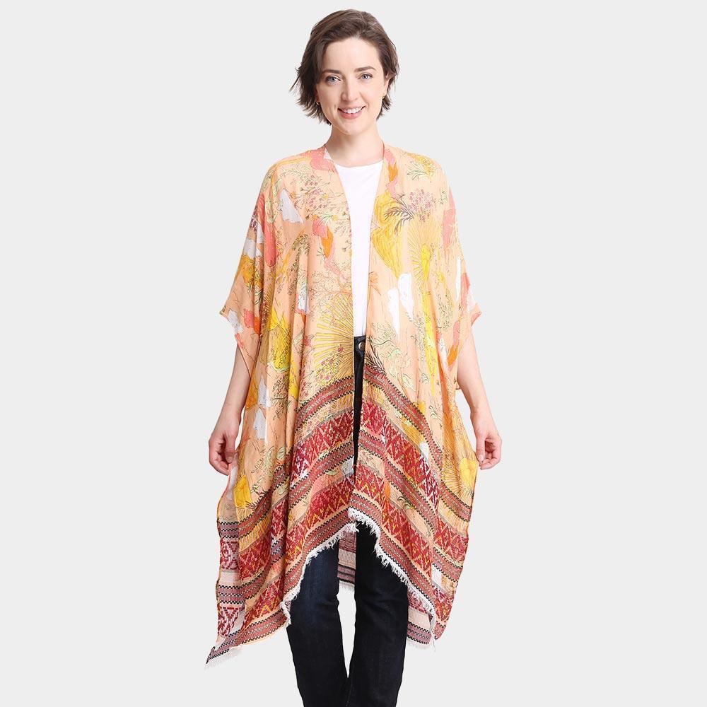 Orange Leaf Patterned Cover Up Kimono Poncho - Jewelry Store by Erik Rayo