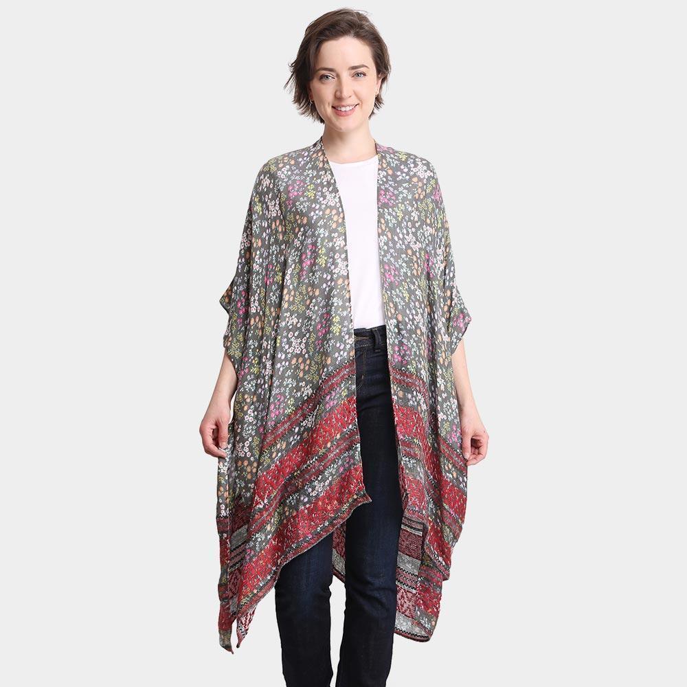 Gray Flower Patterned Cover Up Kimono Poncho - Jewelry Store by Erik Rayo