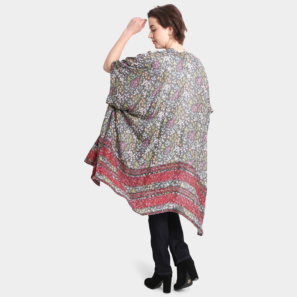 Gray Flower Patterned Cover Up Kimono Poncho - Jewelry Store by Erik Rayo
