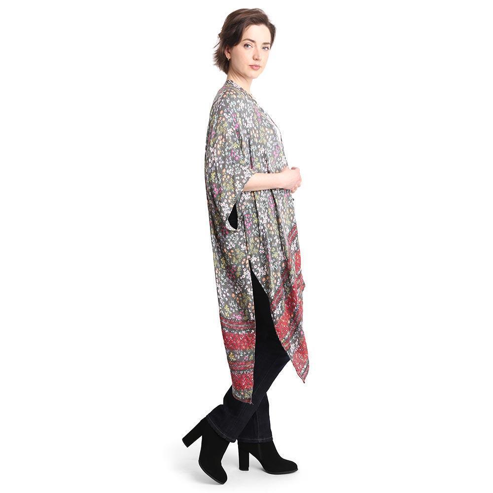 Gray Flower Patterned Cover Up Kimono Poncho - Jewelry Store by Erik Rayo