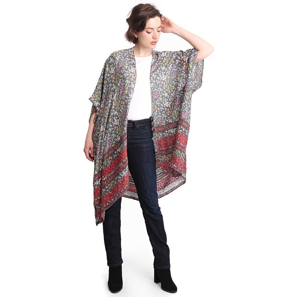 Gray Flower Patterned Cover Up Kimono Poncho - Jewelry Store by Erik Rayo