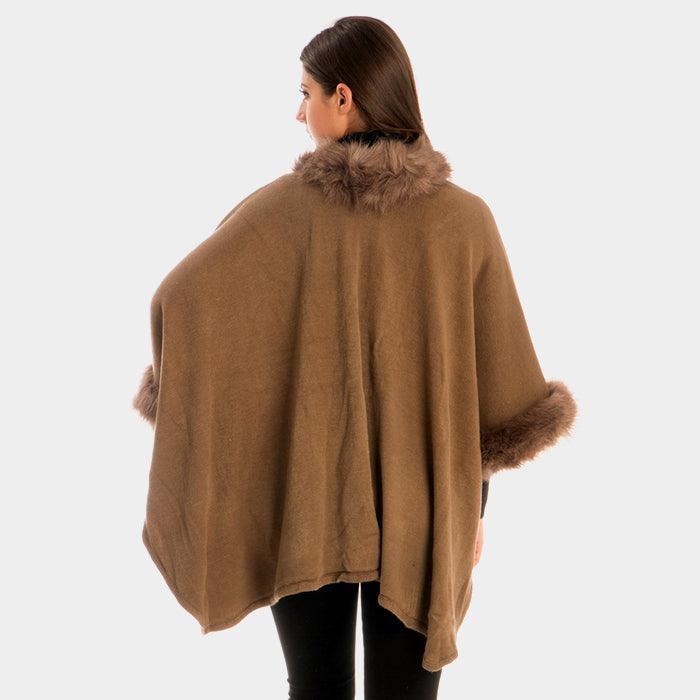 Khaki Faux Fur Trim Shawl Poncho - Jewelry Store by Erik Rayo