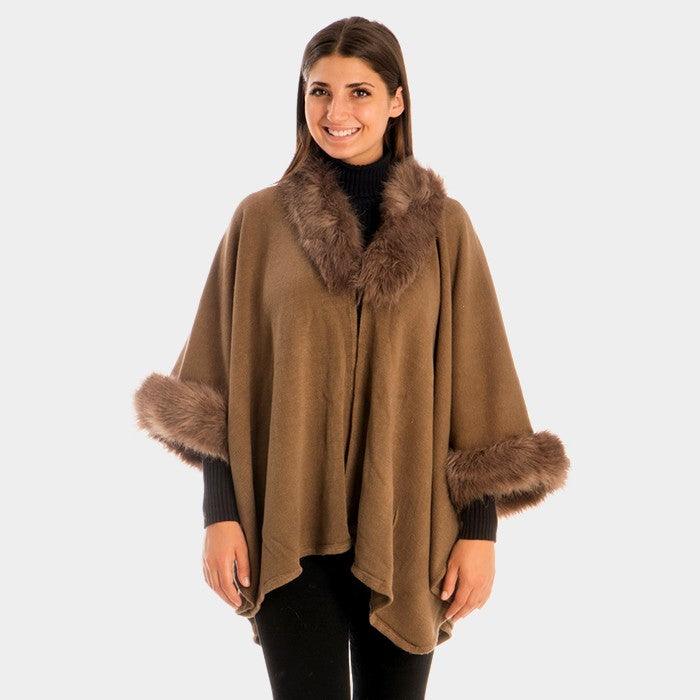 Khaki Faux Fur Trim Shawl Poncho