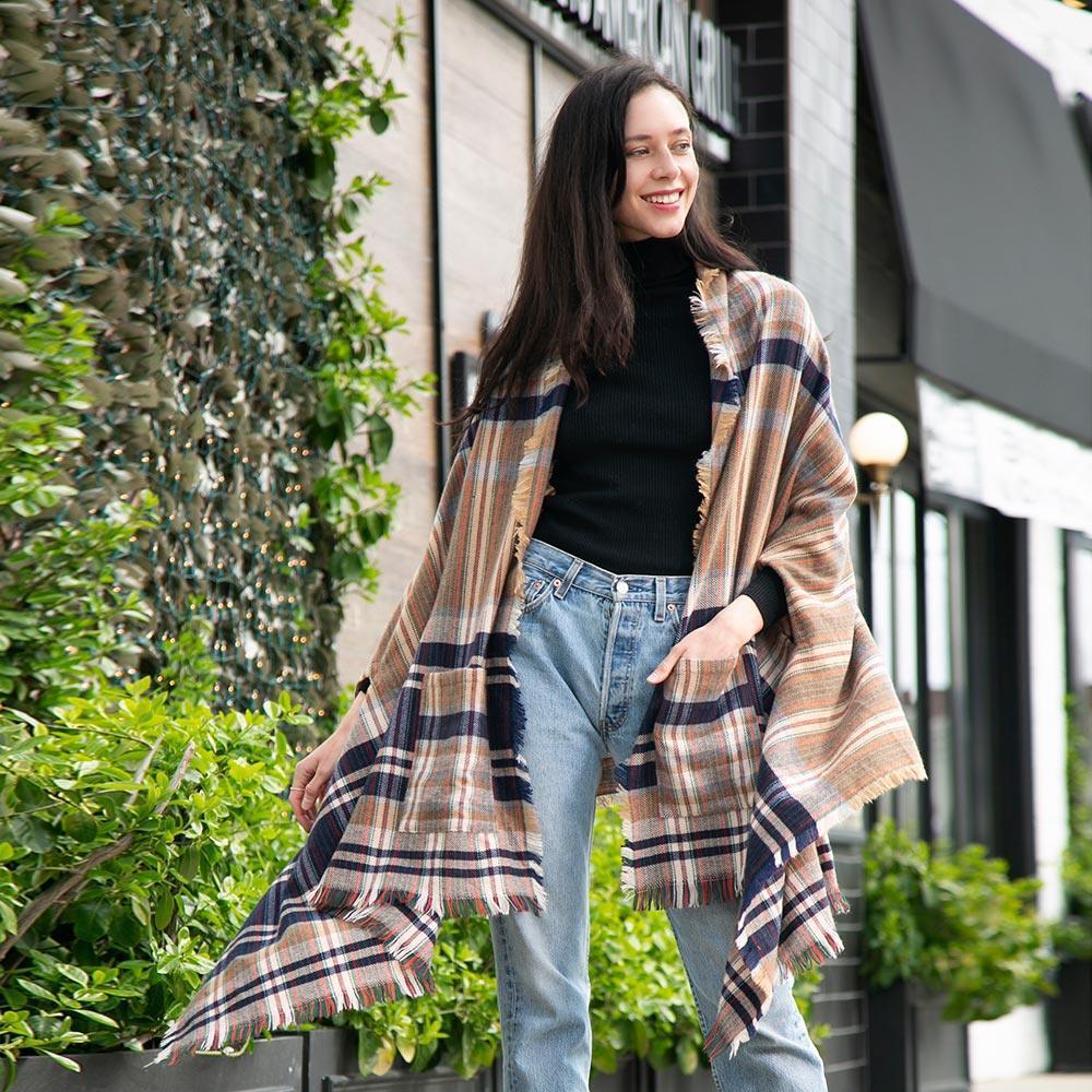 Navy Tartan Check Front Pocket Poncho - Jewelry Store by Erik Rayo
