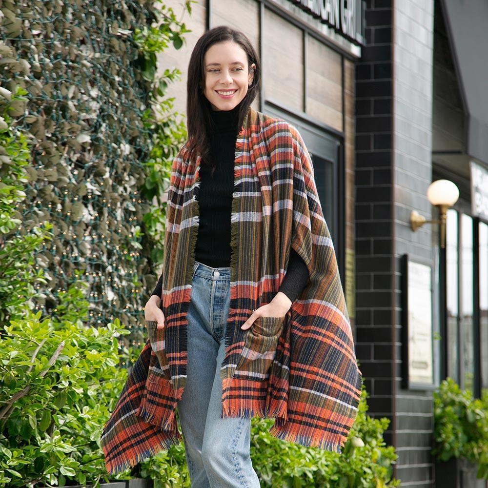 Olive Green Tartan Check Front Pocket Poncho - Jewelry Store by Erik Rayo