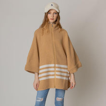 Load image into Gallery viewer, Camel Stripe Zipper Kimono Poncho
