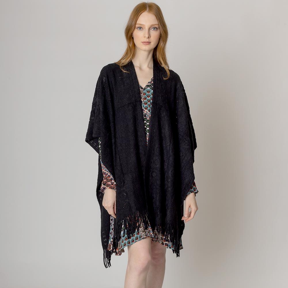 Black Solid Crochet Ruana Poncho